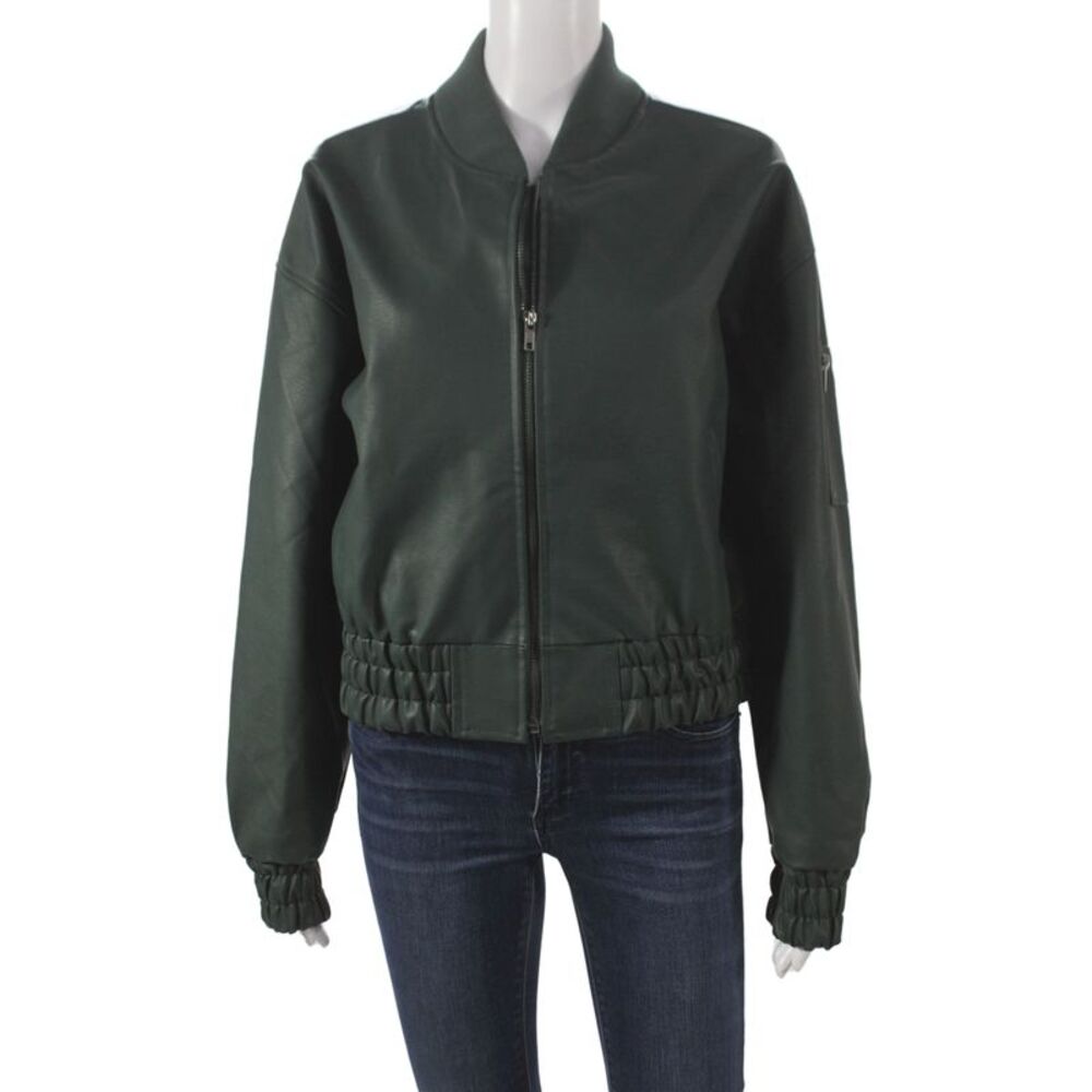 Steve Madden Womens Green Polyurethane Bomber Jacket Zip Long Sleeve Size L